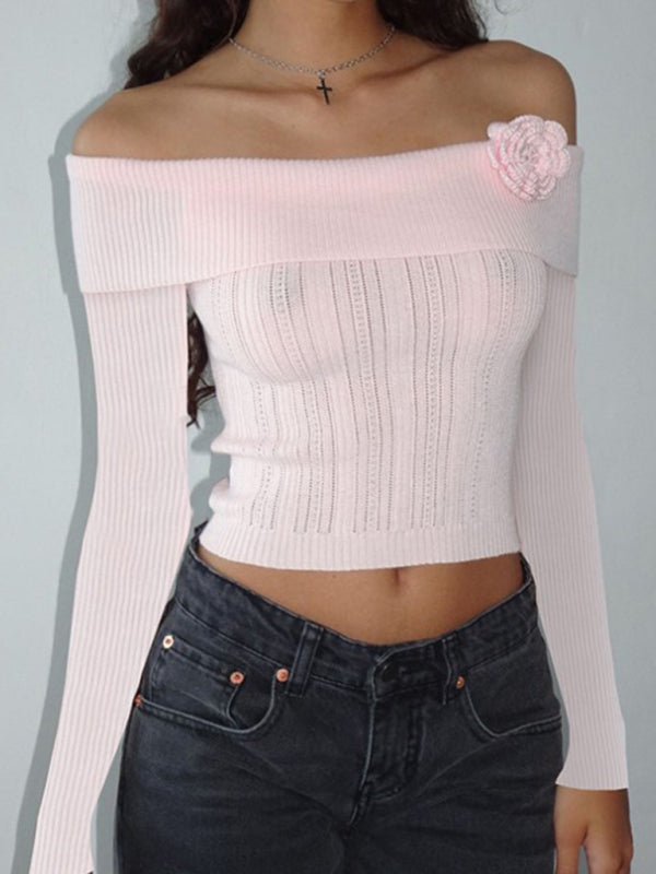 Sexy one-shoulder three-dimensional floral long-sleeved knitted top - Pink / S