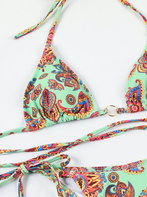 Sexy printed backless one-piece swimsuit women’s three-ring bikini
