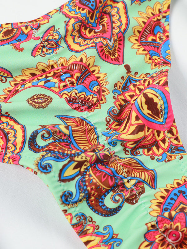 Sexy printed backless one-piece swimsuit women’s three-ring bikini
