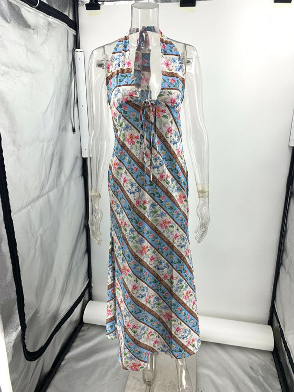 Floral-striped halter dress from Sexy Printed Halter Backless V Neck Dress collection