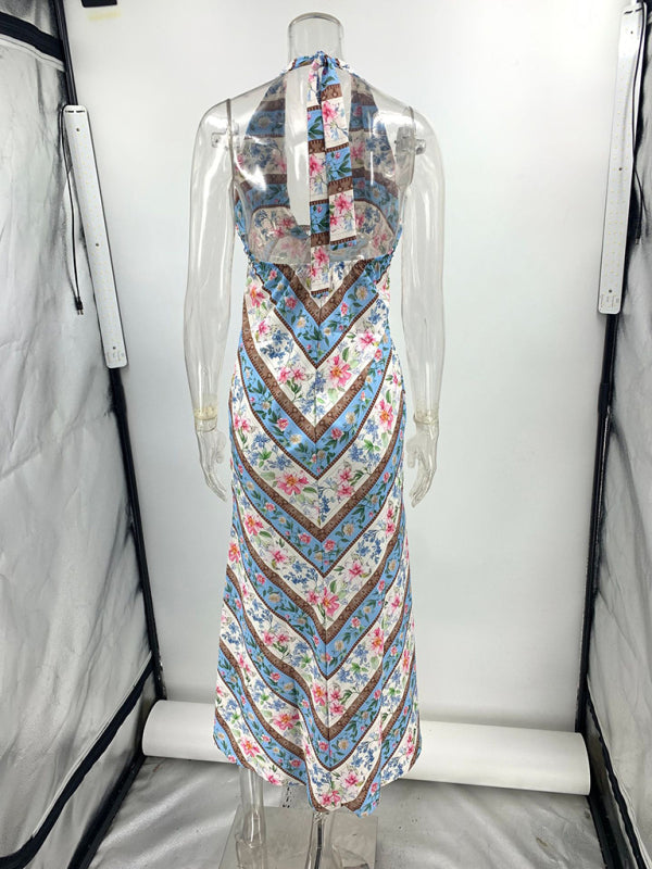 Elegant floral chevron-patterned halter dress featured in the Sexy Printed Halter Backless V Neck Dress product image