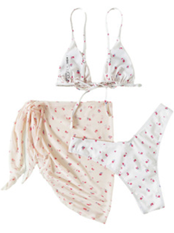 Sexy retro floral three-piece bikini - White / S