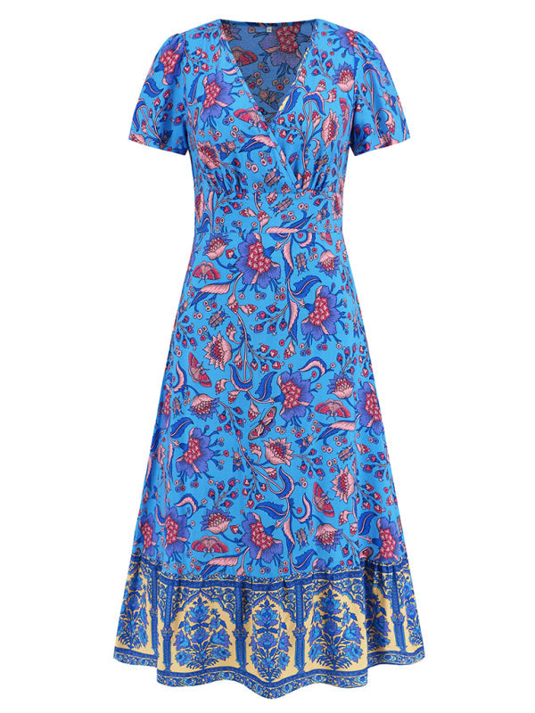 Sexy short-sleeved V-neck dress bohemian beach retro floral skirt