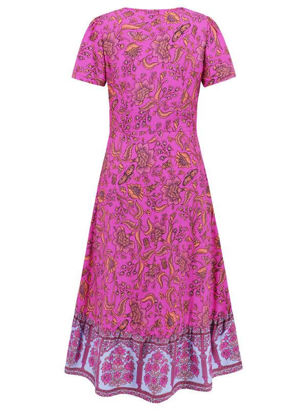 Sexy short-sleeved V-neck dress bohemian beach retro floral skirt