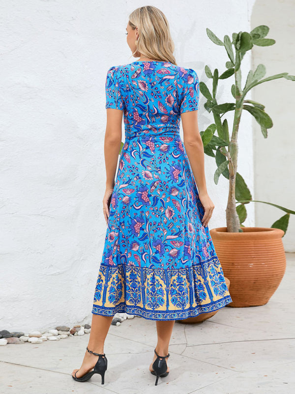 Sexy short-sleeved V-neck dress bohemian beach retro floral skirt