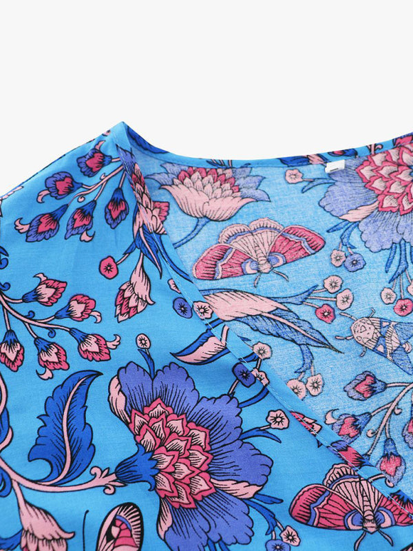 Sexy short-sleeved V-neck dress bohemian beach retro floral skirt