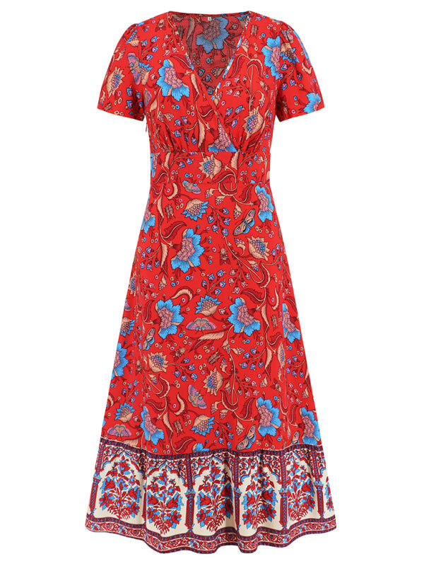 Sexy short-sleeved V-neck dress bohemian beach retro floral skirt