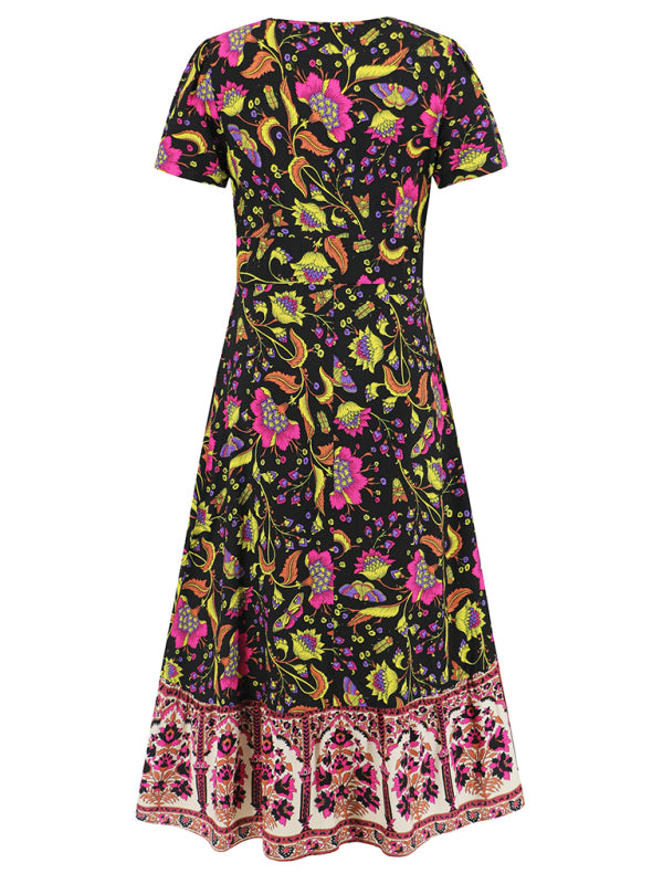 Sexy short-sleeved V-neck dress bohemian beach retro floral skirt