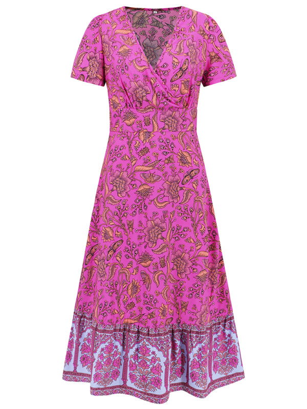 Sexy short-sleeved V-neck dress bohemian beach retro floral skirt