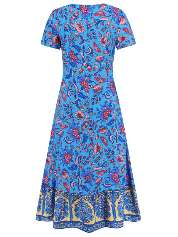 Sexy short-sleeved V-neck dress bohemian beach retro floral skirt