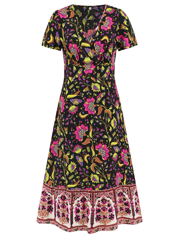 Sexy short-sleeved V-neck dress bohemian beach retro floral skirt