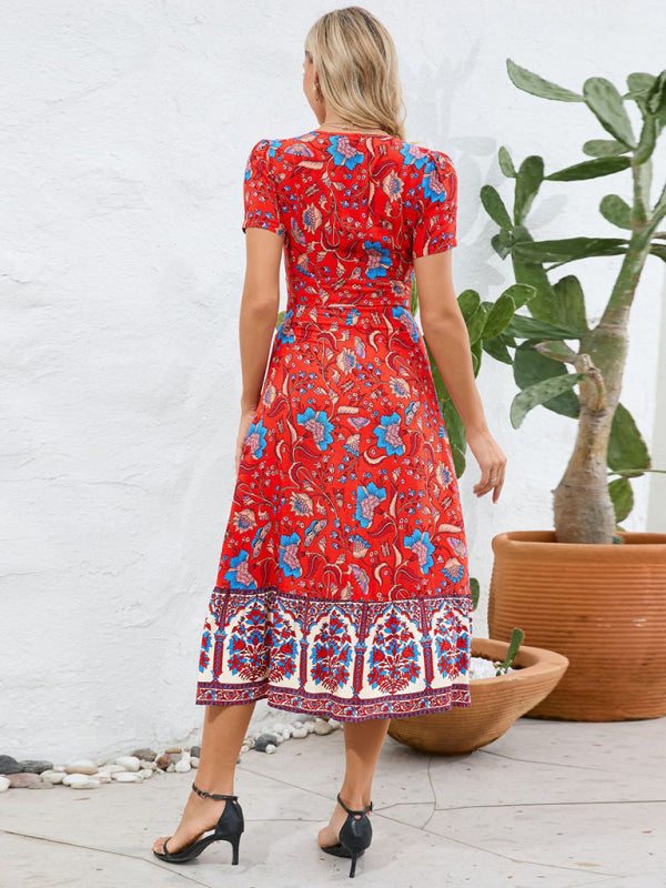 Sexy short-sleeved V-neck dress bohemian beach retro floral skirt