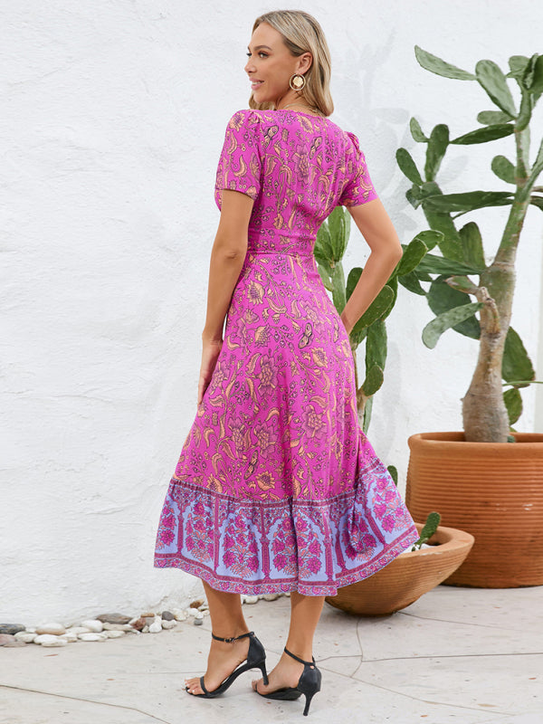 Sexy short-sleeved V-neck dress bohemian beach retro floral skirt