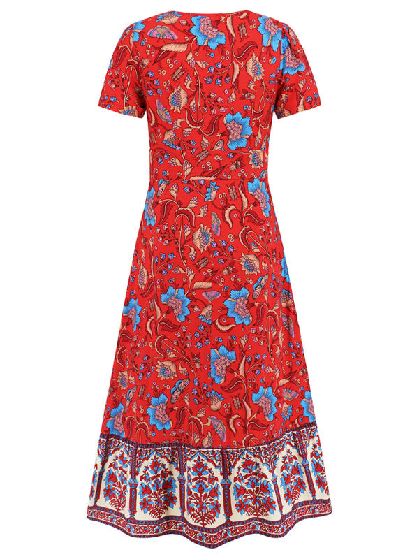 Sexy short-sleeved V-neck dress bohemian beach retro floral skirt