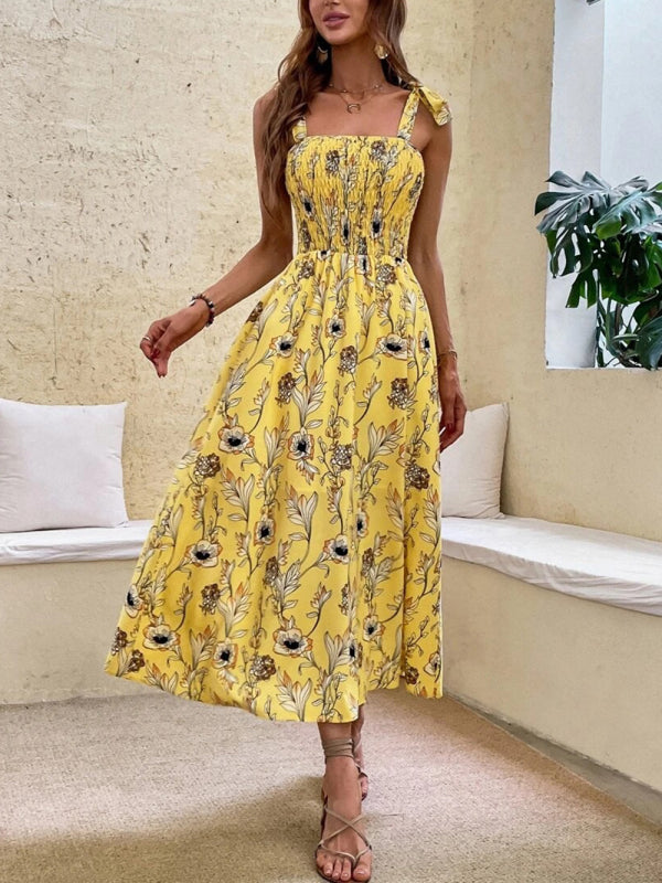 Sexy Slim Dress Sleeveless Sling Print Temperament Women’s Long Dress - Yellow / S