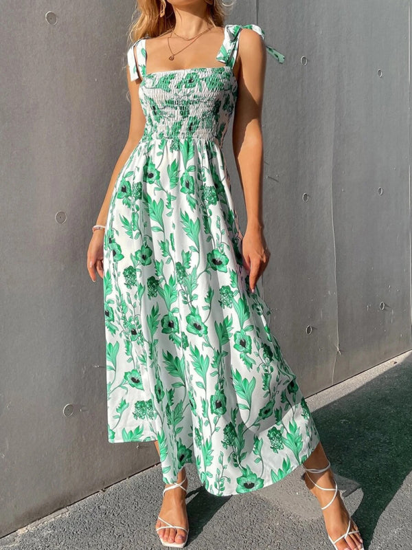 Sexy Slim Dress Sleeveless Sling Print Temperament Women’s Long Dress - Green / S