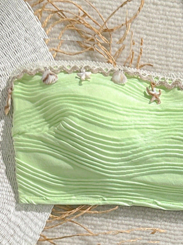 Green textured bandeau top with seashell embellishments and high elasticity for the Sexy Starfish Shell Tassel Swimsuit Bikini