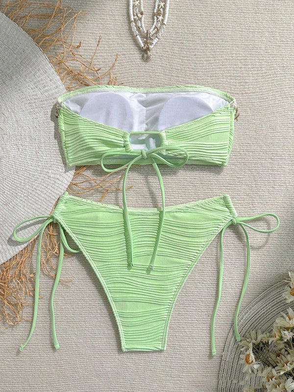 Light green textured bikini with high elasticity from Sexy Starfish Shell Tassel Swimsuit Bikini