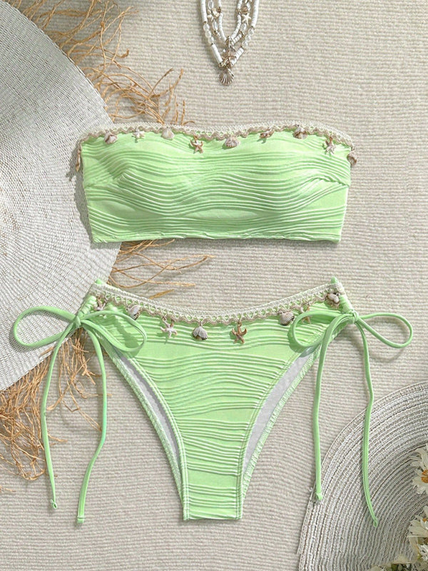 Green textured bikini with seashell accents, high elasticity Sexy Starfish Shell Tassel Swimsuit Bikini