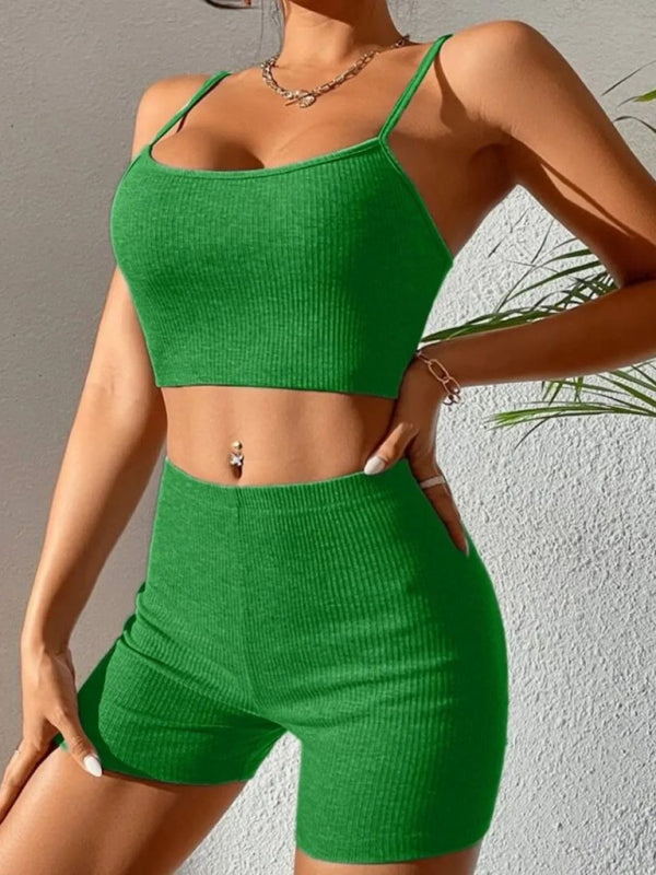 Sexy suspender shorts fashion suit yoga sports suit - Green / S