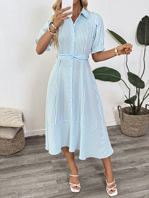 Striped midi shirt dress with puff sleeves and lapel collar for elegant casual wear