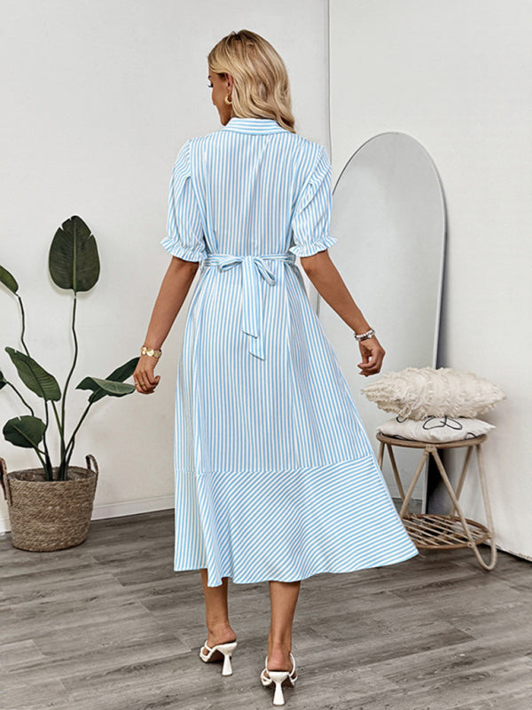 Striped midi shirt dress with puff sleeves and lapel collar for a stylish look