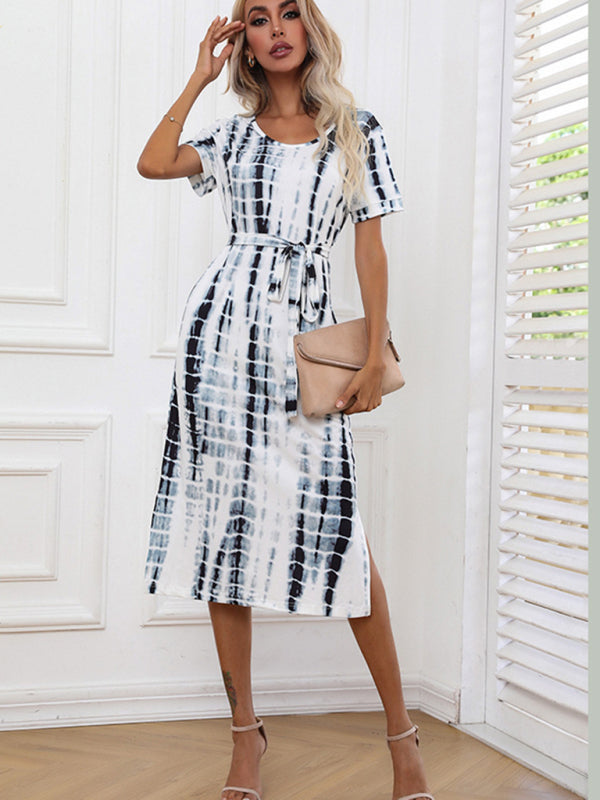 Short Sleeve Tie Dye Print Slim Fit European Dress - Closther