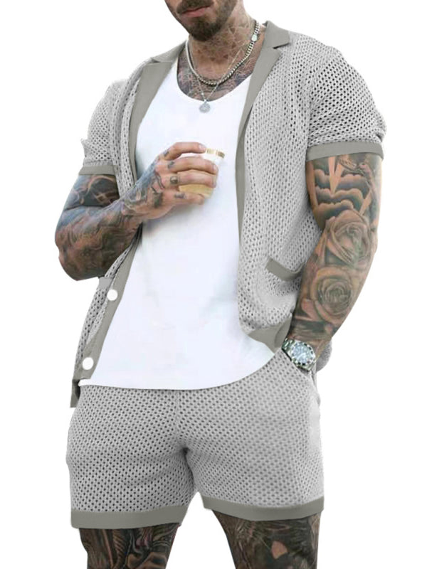 Short-sleeved shorts Knit lapel cardigan Short-sleeved men’s suit - Misty grey / M