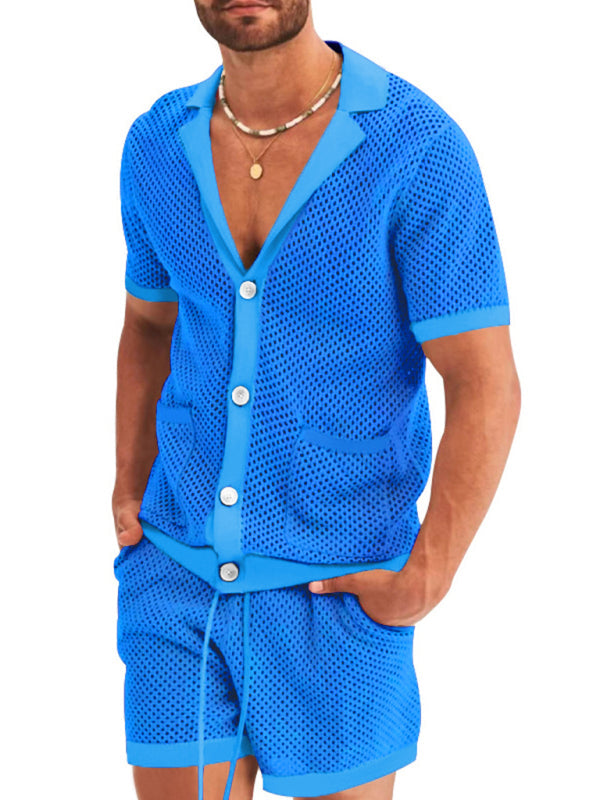 Short-sleeved shorts Knit lapel cardigan Short-sleeved men’s suit - Royal blue / M