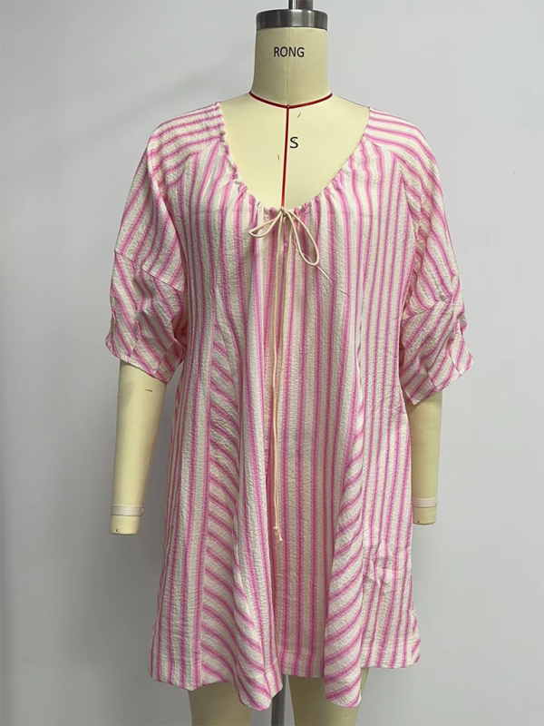 Short-sleeved striped jumpsuit slim and casual loose deep V wide-leg short jumpsuit