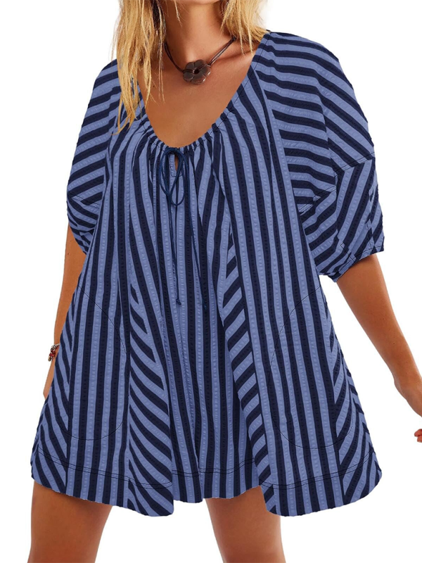 Short-sleeved striped jumpsuit slim and casual loose deep V wide-leg short jumpsuit - Purplish blue navy / S