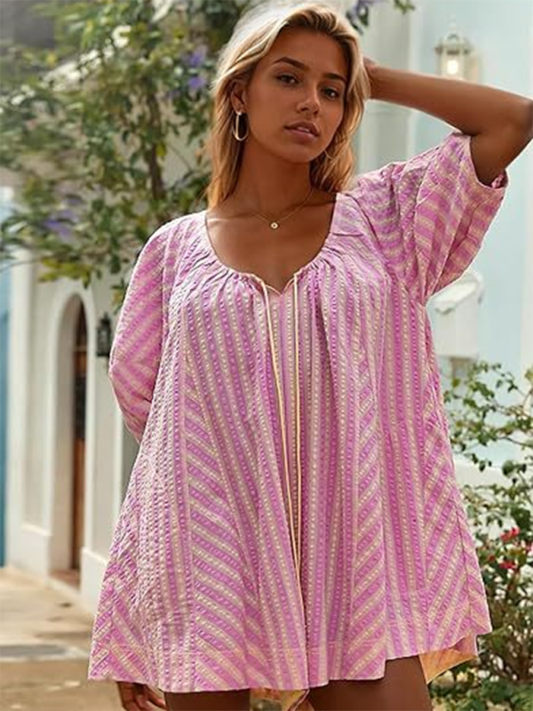 Short-sleeved striped jumpsuit slim and casual loose deep V wide-leg short jumpsuit - Pink / S