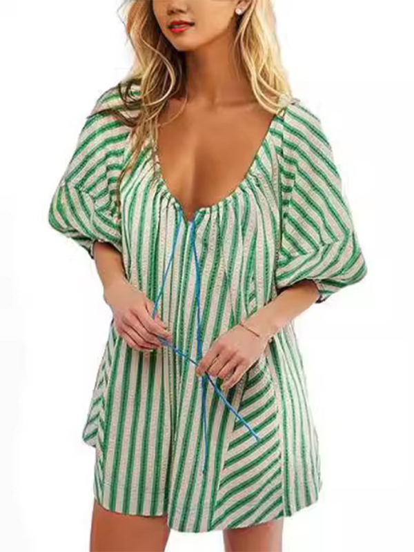 Short-sleeved striped jumpsuit slim and casual loose deep V wide-leg short jumpsuit