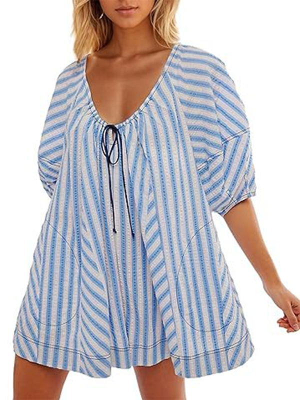 Short-sleeved striped jumpsuit slim and casual loose deep V wide-leg short jumpsuit - Blue / S