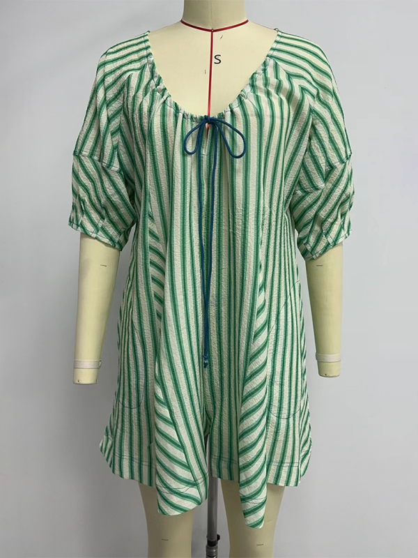 Short-sleeved striped jumpsuit slim and casual loose deep V wide-leg short jumpsuit - Green / S