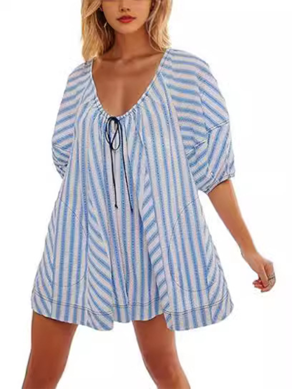 Short-sleeved striped jumpsuit slim and casual loose deep V wide-leg short jumpsuit