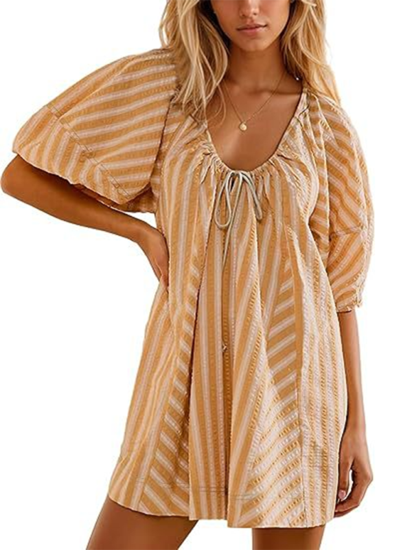 Short-sleeved striped jumpsuit slim and casual loose deep V wide-leg short jumpsuit