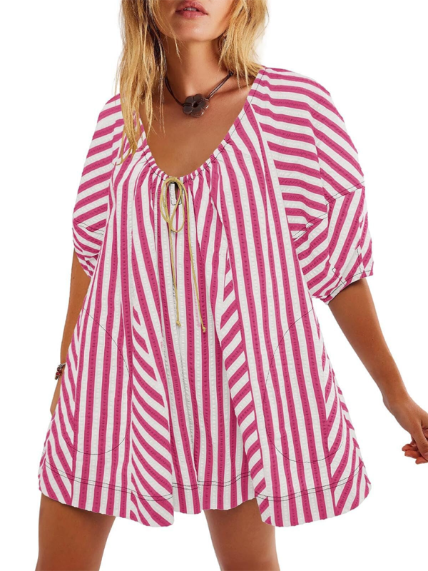 Short-sleeved striped jumpsuit slim and casual loose deep V wide-leg short jumpsuit - Red / S