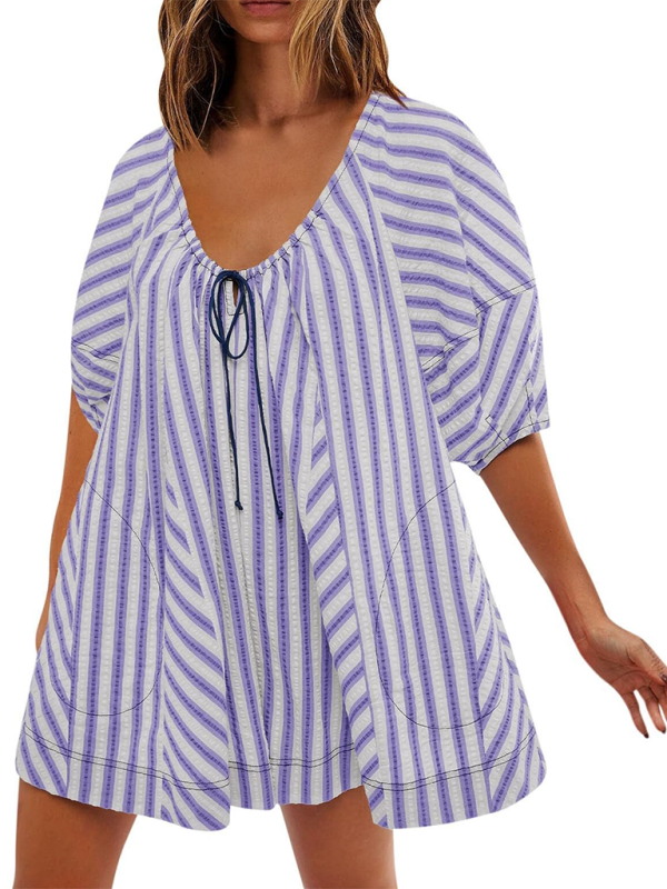 Short-sleeved striped jumpsuit slim and casual loose deep V wide-leg short jumpsuit - Purple / S