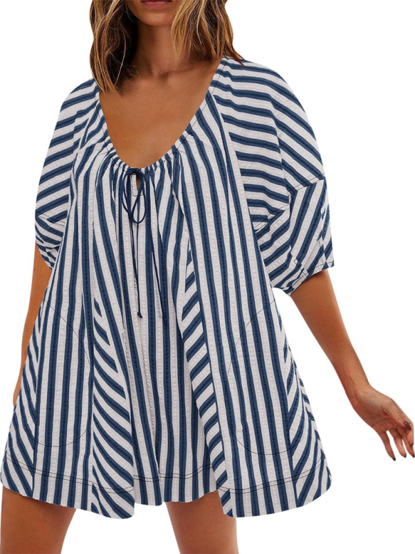 Short-sleeved striped jumpsuit slim and casual loose deep V wide-leg short jumpsuit - Acid blue / S