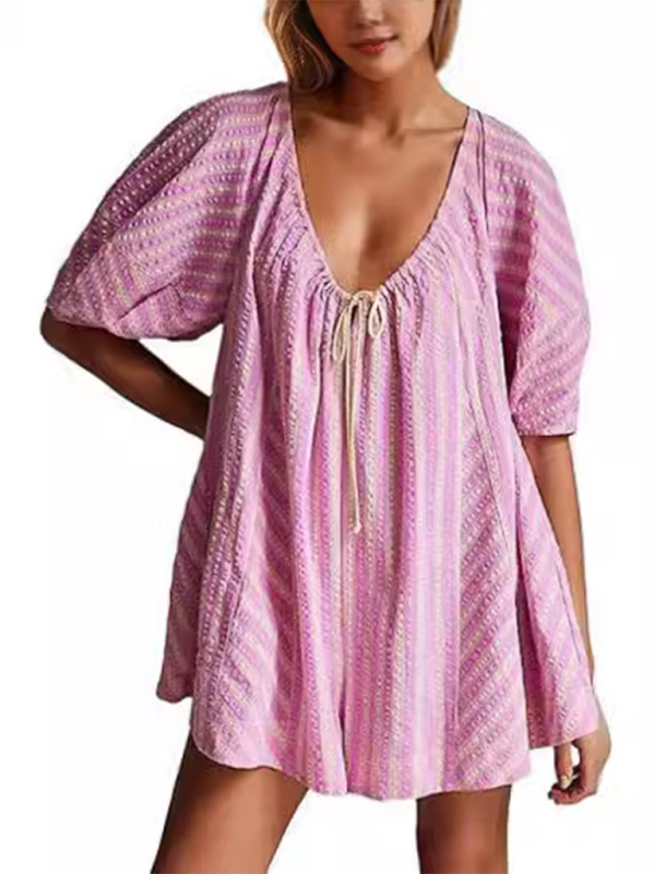 Short-sleeved striped jumpsuit slim and casual loose deep V wide-leg short jumpsuit