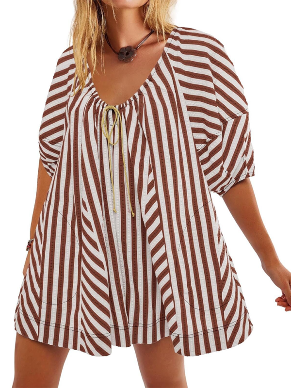 Short-sleeved striped jumpsuit slim and casual loose deep V wide-leg short jumpsuit - Coffee / S