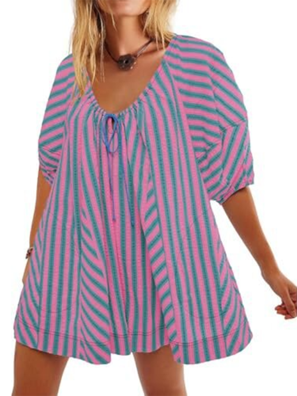 Short-sleeved striped jumpsuit slim and casual loose deep V wide-leg short jumpsuit - Hot pink / S