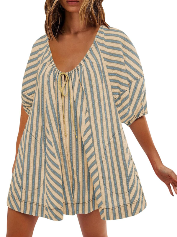 Short-sleeved striped jumpsuit slim and casual loose deep V wide-leg short jumpsuit - Cracker khaki / S