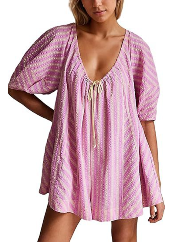 Short-sleeved striped jumpsuit slim and casual loose deep V wide-leg short jumpsuit