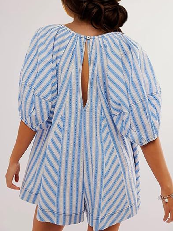 Short-sleeved striped jumpsuit slim and casual loose deep V wide-leg short jumpsuit