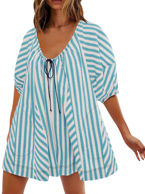 Short-sleeved striped jumpsuit slim and casual loose deep V wide-leg short jumpsuit - Clear blue / S
