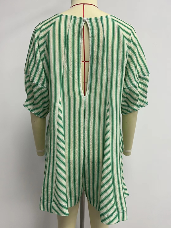 Short-sleeved striped jumpsuit slim and casual loose deep V wide-leg short jumpsuit