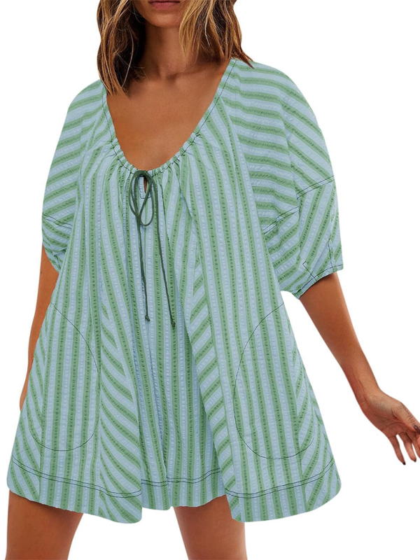 Short-sleeved striped jumpsuit slim and casual loose deep V wide-leg short jumpsuit - Pale green / S