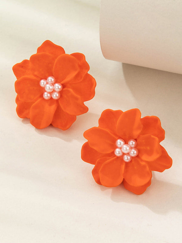 Simple and versatile exaggerated camellia three-dimensional white flower pearl earrings - Orange / F